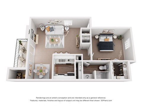 a 3d floor plan of a house with a bedroom and living room